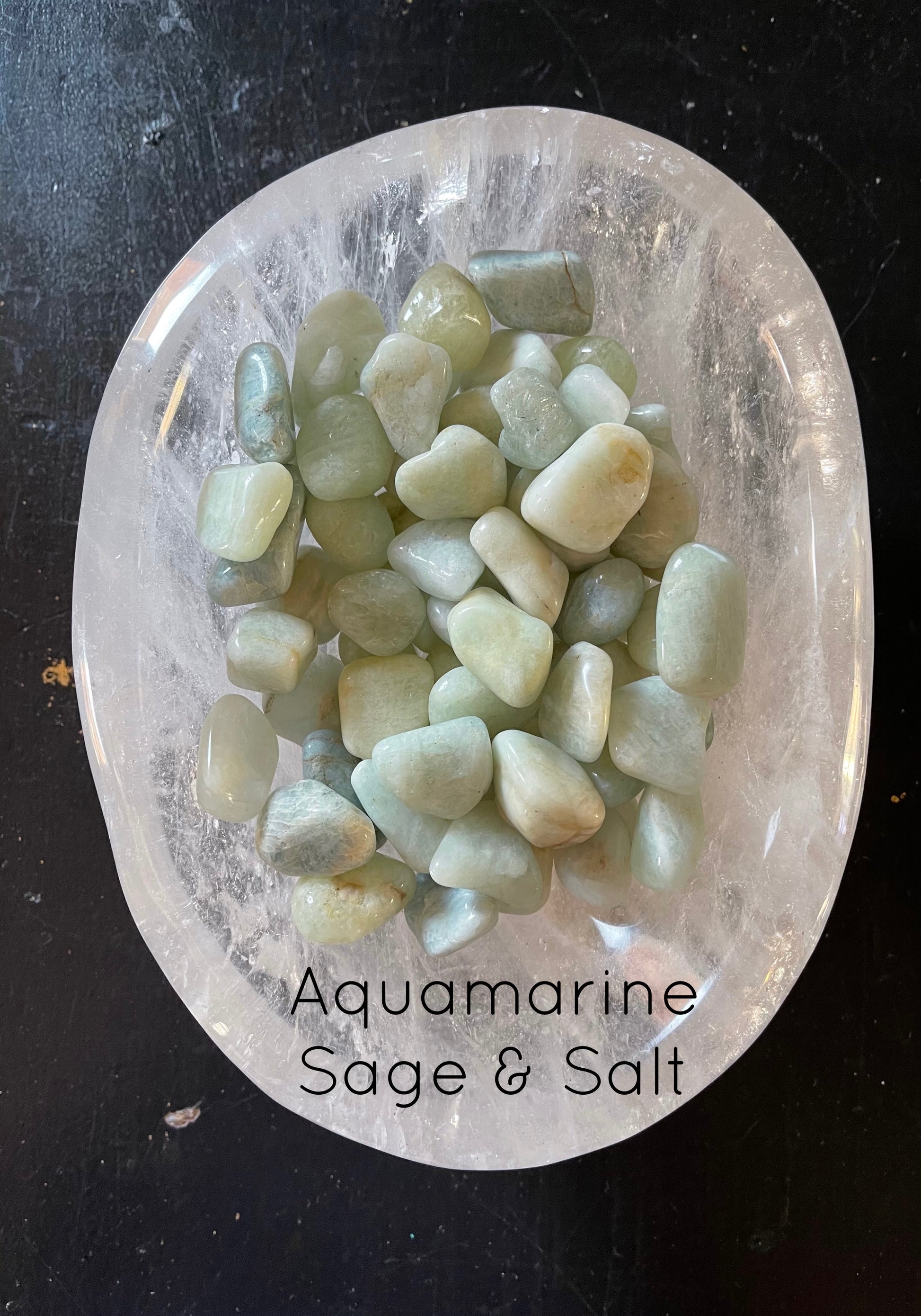 Tumbled aquamarine crystal. Sage & Salt.