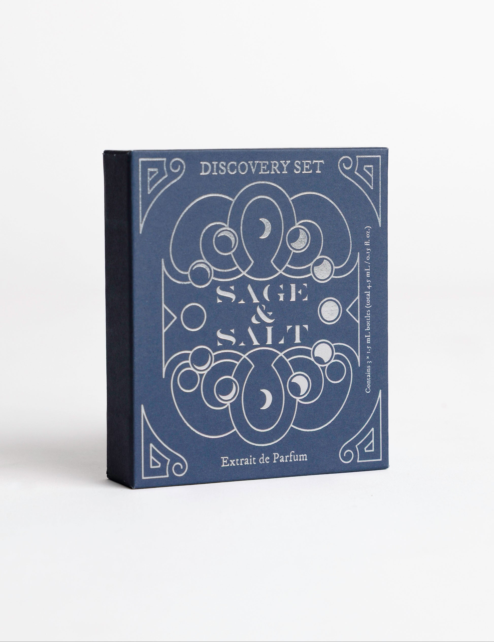 Sage & Salt Discovery Set featuring three 1.5 mL extrait de parfum fragrance samples: Moon Ring, Luna Absolute, and Sacred Ember.
