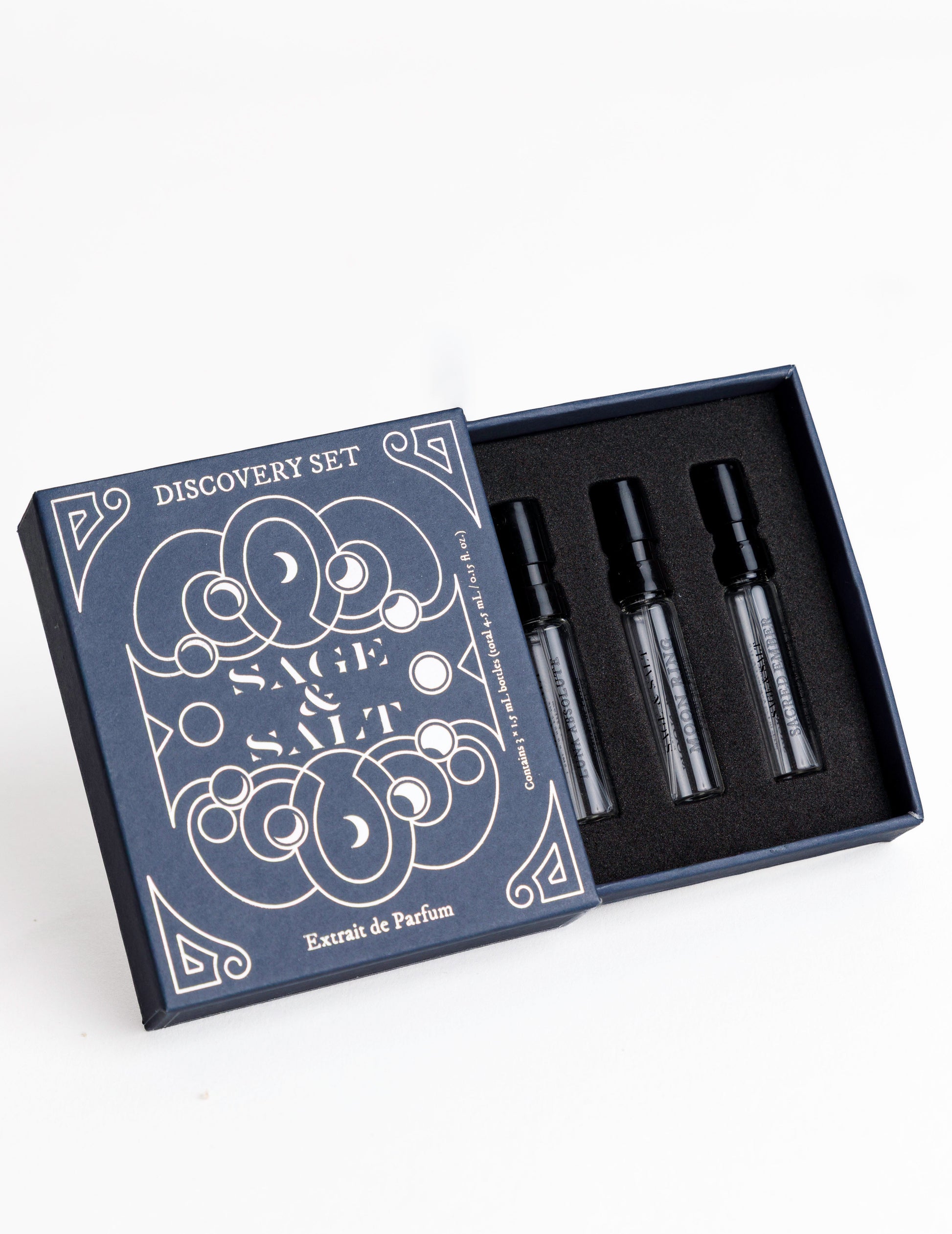 Sage & Salt Discovery Set with three luxury extrait de parfum fragrance samples.
