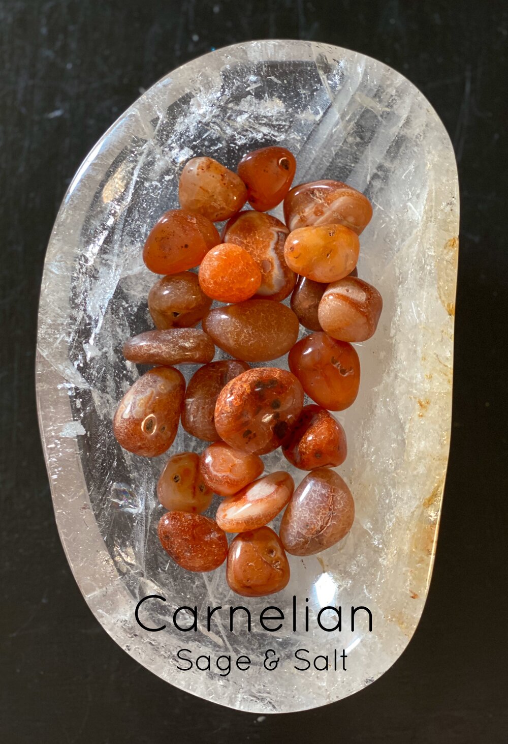 Tumbled carnelian. Crystals for vitality. Crystals for healing. Sage and Salt crystals. 