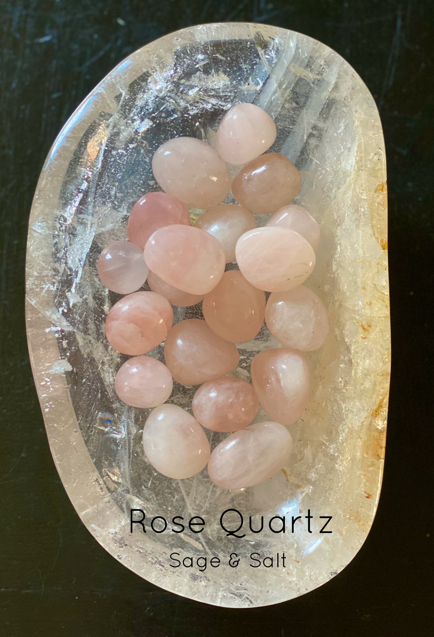 Tumbled rose quartz crystal. Crystals for love. Love spells. Sage and Salt. 